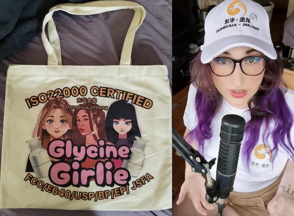 A combination of pictures showing influencer Diana Regan, right, wearing official Donghua Jiling merchandise sent to her, and on left, a tote bag Regan designed. Photo: Handout , Les passionnés de glycine : comment Internet a transformé une obscure entreprise chinoise en une sensation